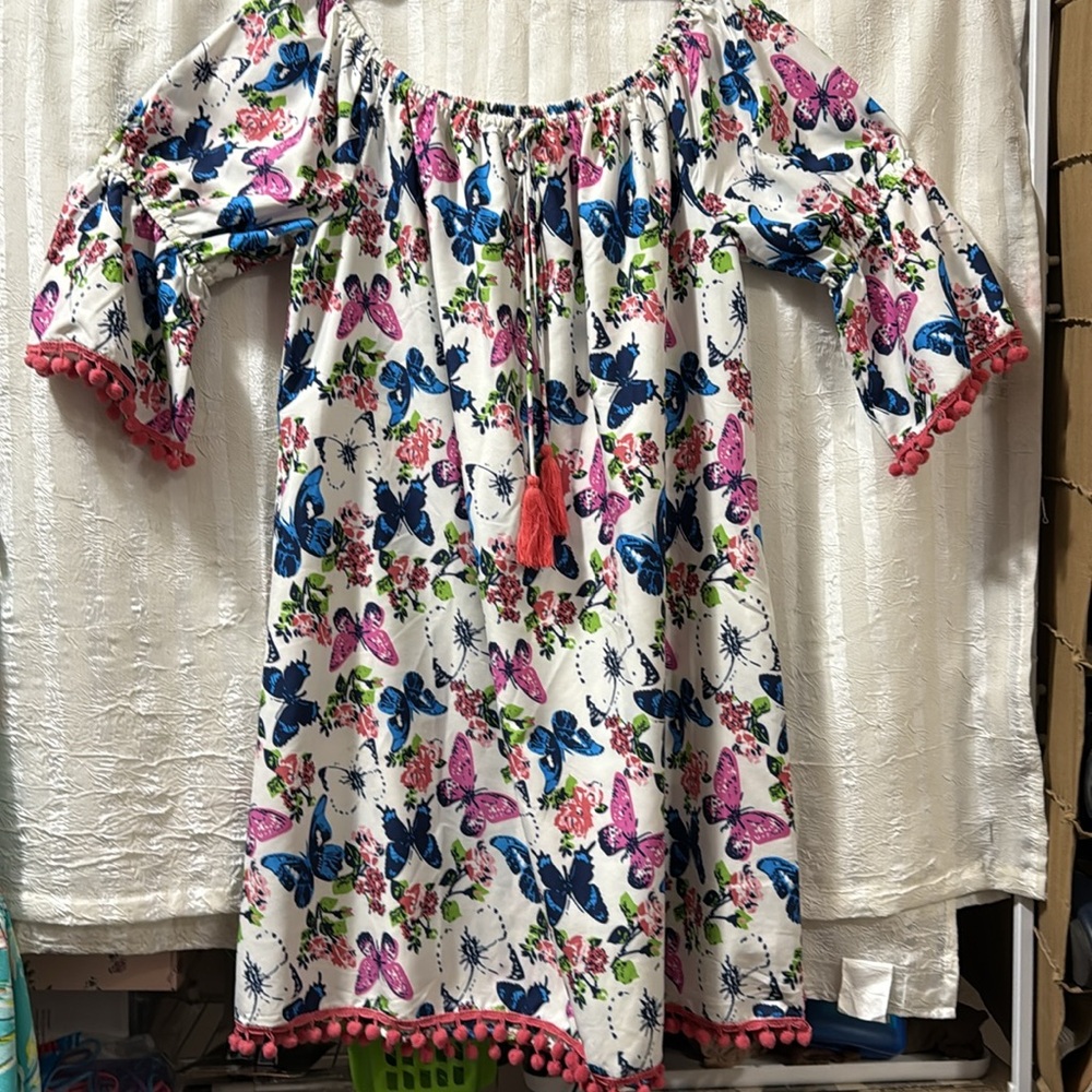 America & Beyond Floral Butterfly Dress with Pom-Pom Trim, Size M